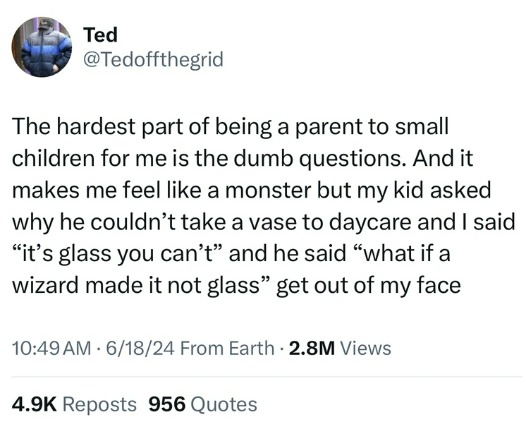 screenshot - Ted The hardest part of being a parent to small children for me is the dumb questions. And it makes me feel a monster but my kid asked why he couldn't take a vase to daycare and I said "it's glass you can't" and he said "what if a wizard made